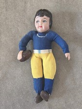 Vintage 1940's Cloth Celluloid Football Doll Made in Japan Blue Yellow Trim 8"