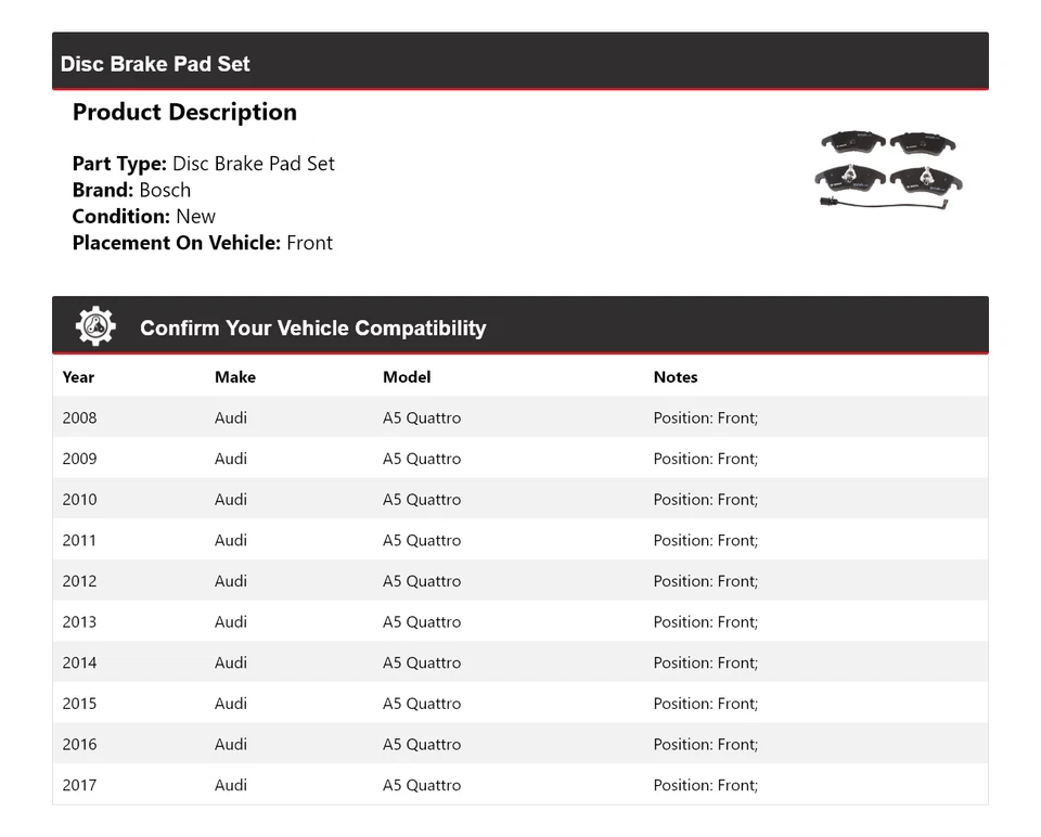Pastillas de freno delanteras de cerámica QuietCast 2009 2010 para Audi A5 Quattro Bosch 2008-2017 Foto 2 de 4