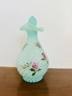 Fenton Decanter Sea Mist Green 11" Rib Optic Hand painted Flowers Shelley Fenton
