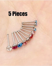 5 Piece Lot Surgical Steel Pin Shaped Silver Nose Ring Studs You Choose Gem Sz