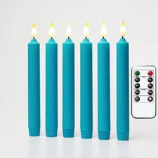 8" Flameless Flickering Flame LED Battery Blue Taper Candles with Remote 6pcs