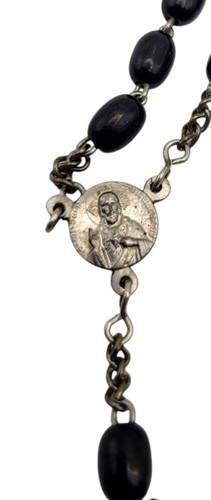 Vintage Pre-1949 Rosary Wood Black Beads Inlaid Metal Crucifix Pendant Germany - Picture 4 of 6