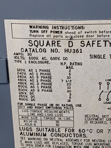 Square D HU361 Safety Switch 30A 600V AC/DC Type 1 Enc Single Throw non-Fusible - Picture 2 of 8