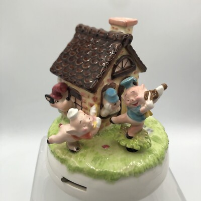 Vintage Walt Disney Schmid Three Little Pigs & Big Bad Wolf Rotating Music Box