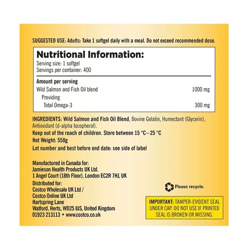 Kirkland Signature Vitamin Oil Fish 300mg 1000mg Food Supplement 400 Tablets - Picture 2 of 5