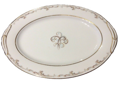 VINTAGE MCM 1960 s NORITAKE ESTEEM 12'' OVAL PLATTER LT BLUE & BROWN SCROLLS VGUC