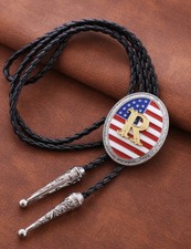 Rodeo Bolo Tie Western Cowboy Black Leather Necktie New Initial R A4010