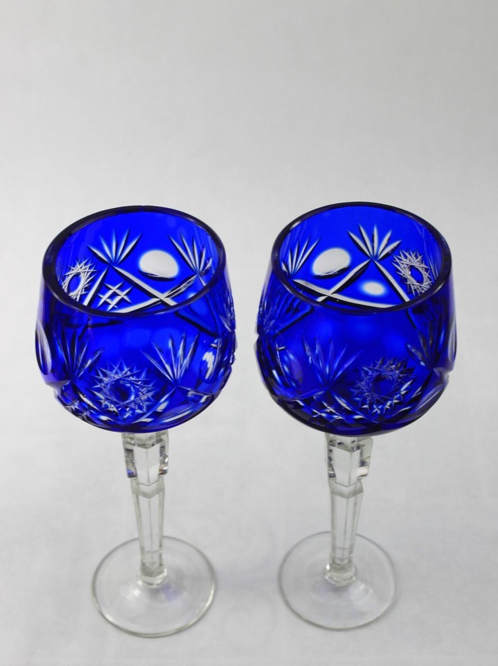 Bohemian Cobalt Blue Cut to Clear Crystal Wine Glass Set eBay