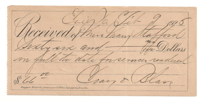 #A1554 Erie, Pennsylvania 1925 Mrs. Mary Stafford $66.00 Receipt Cray & Blass