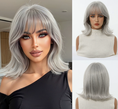 #ad Medium Bob Wavy Hairstyle Gray Mix Synthetic Hair Heat Ok Wigs Women Soft $32.19