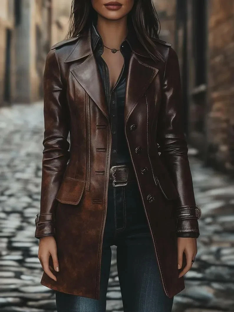 Women’s Brown Real Leather Trench Coat Classic Long Jacket Handmade