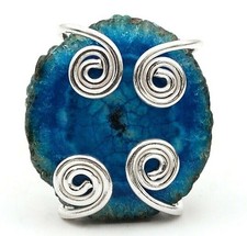 Natural Geode Cluster Sapphire 925 Solid Sterling Silver Ring Sz 7.5