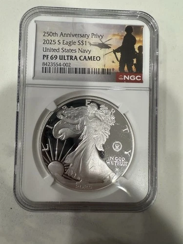 2025-S Proof $1 American Silver Eagle Navy Privy NGC PF69  Military Label