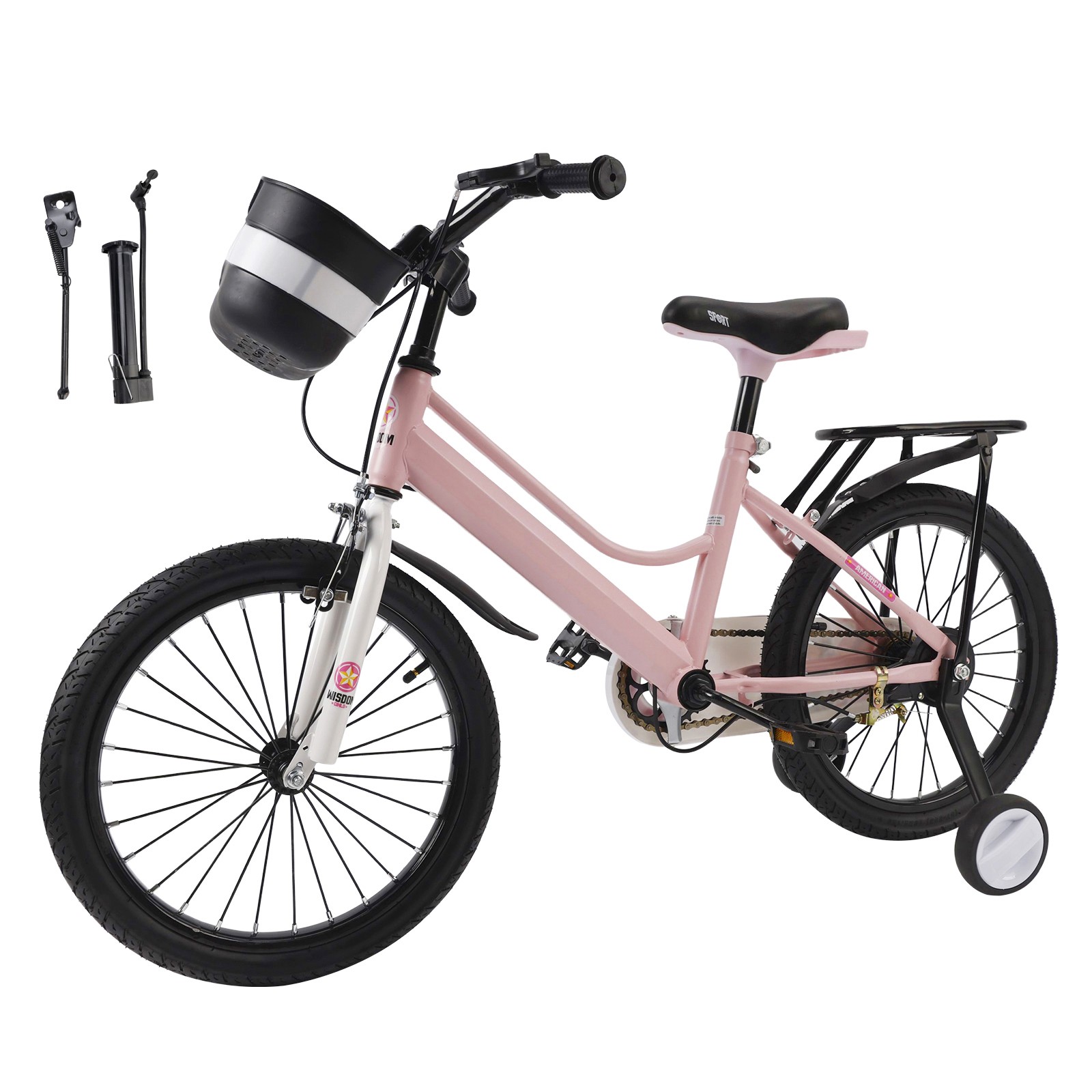18" Kids Bike for Boys and Girls with auxiliary wheels & Rack Pink
