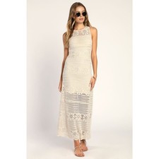 BB Dakota You Love Me Crochet Maxi Dress Ecru Lined Cover Up Festival Size L