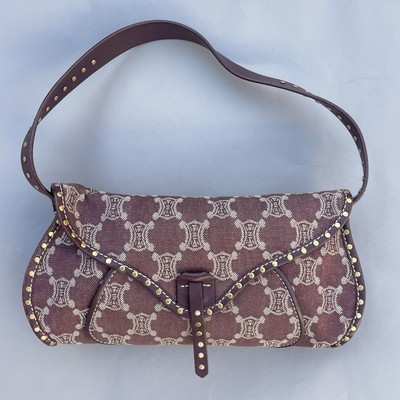 CELINE Macadam Triomphe Canvas Shoulder Bag Red Maroon Denim And Leather Bag