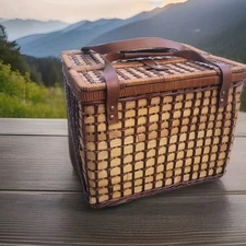 Vintage Large Wicker Picnic Basket With Handles And Inside Checkered Liner