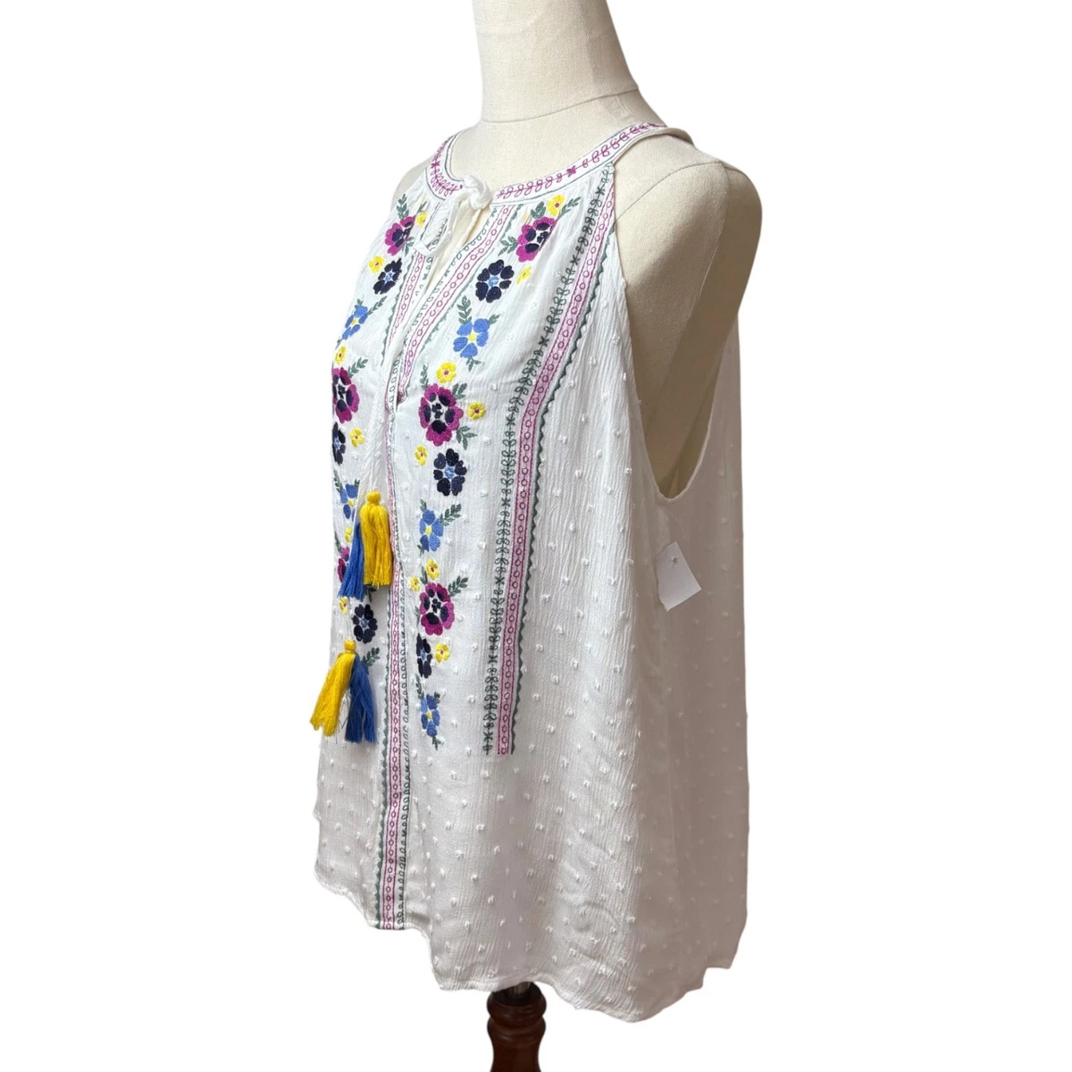 Aliya Womens Floral Embroidered Tassel White Top Size M Peasant Festival Boho