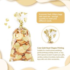 COQOFA 100 Pcs 6X10 IN Gold Heart Cello Cellophane Treat Bags Gift Party Favor B