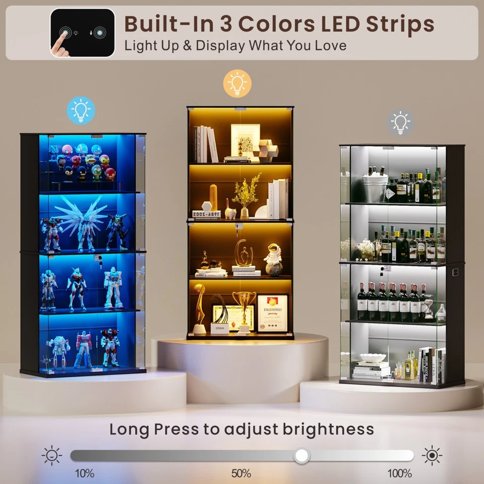 Display Cabinet with Glass Doors, 66' Curio Cabinet with Lockable and LED Lights - Image 4 of 4