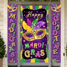 Mardi Gras Party Decorations Set - 3 Banners Door Cover for Indoor/Outdoor Use