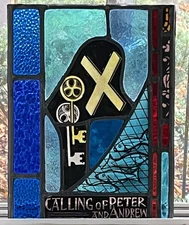 ANTIQUE CHURCH WINDOW "calling of Peter and Andrew" PAINTED FIRED GLASS 1940 NYC