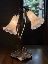 Vtg Art Nouveau Tiffany Style Double Lily Pond Accent Lamp Frosted White Glass 