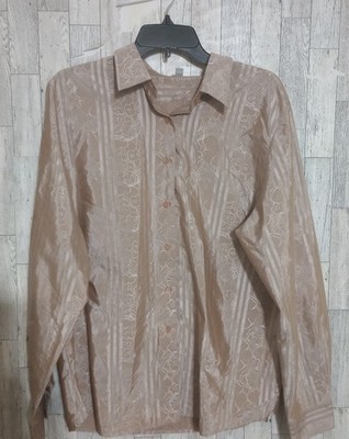 Foxcroft Blouse Beige Satin Floral Wrinkle Free Button Up Shaped Fit L/S Size 18