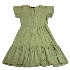 ASOS DESIGN Dress Women Size 6 Green Eyelet Tiered Mini Button Front Tall Sage