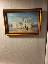 Original Vintage Framed Oil Painting Of A Santa Fe NM Style Church,signed DEW
