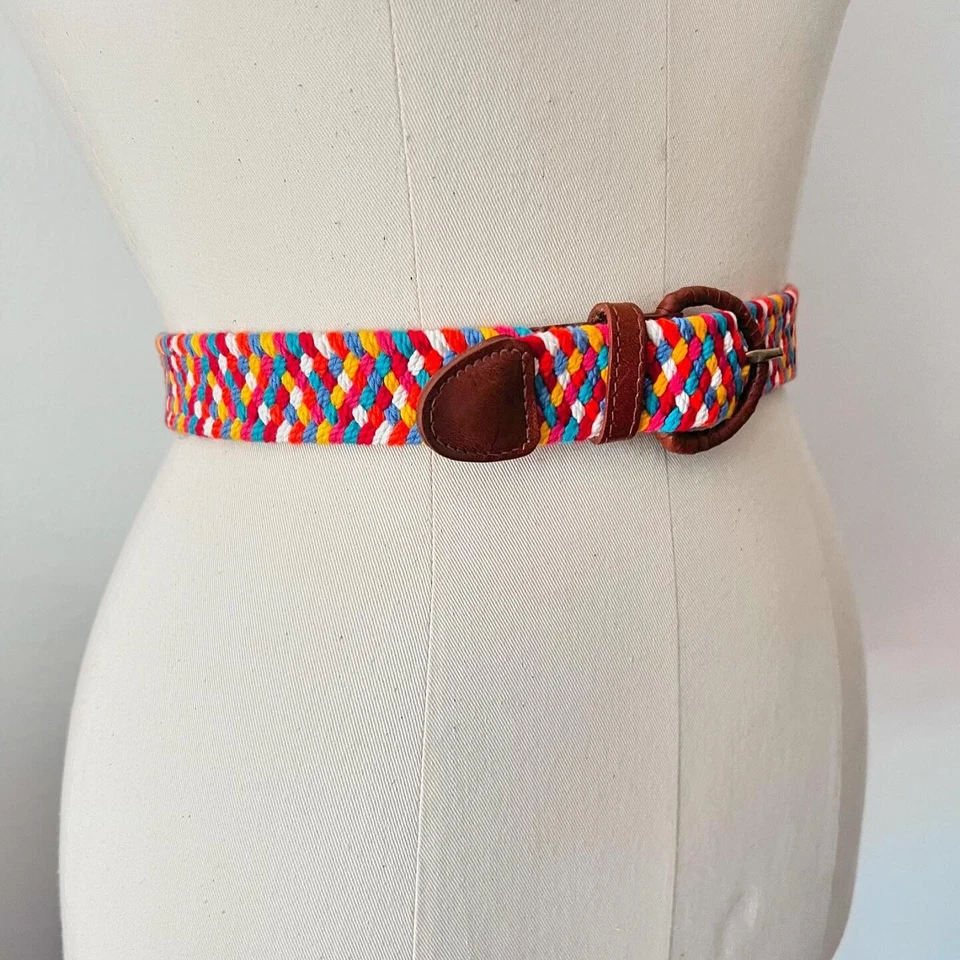 Rainbow Braided Corded 90’s 90s Vintage Cotton Stretch Brown Leather Belt S M L - Image 4 of 4