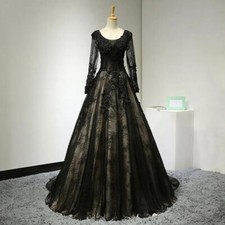 Black Gothic Wedding Dresses long sleeves Tulle with Lace Appliques Bridal Gowns
