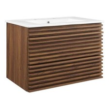 Modway Render 30" Modern Wood Wall-Mount Bathroom Vanity in Walnut/White