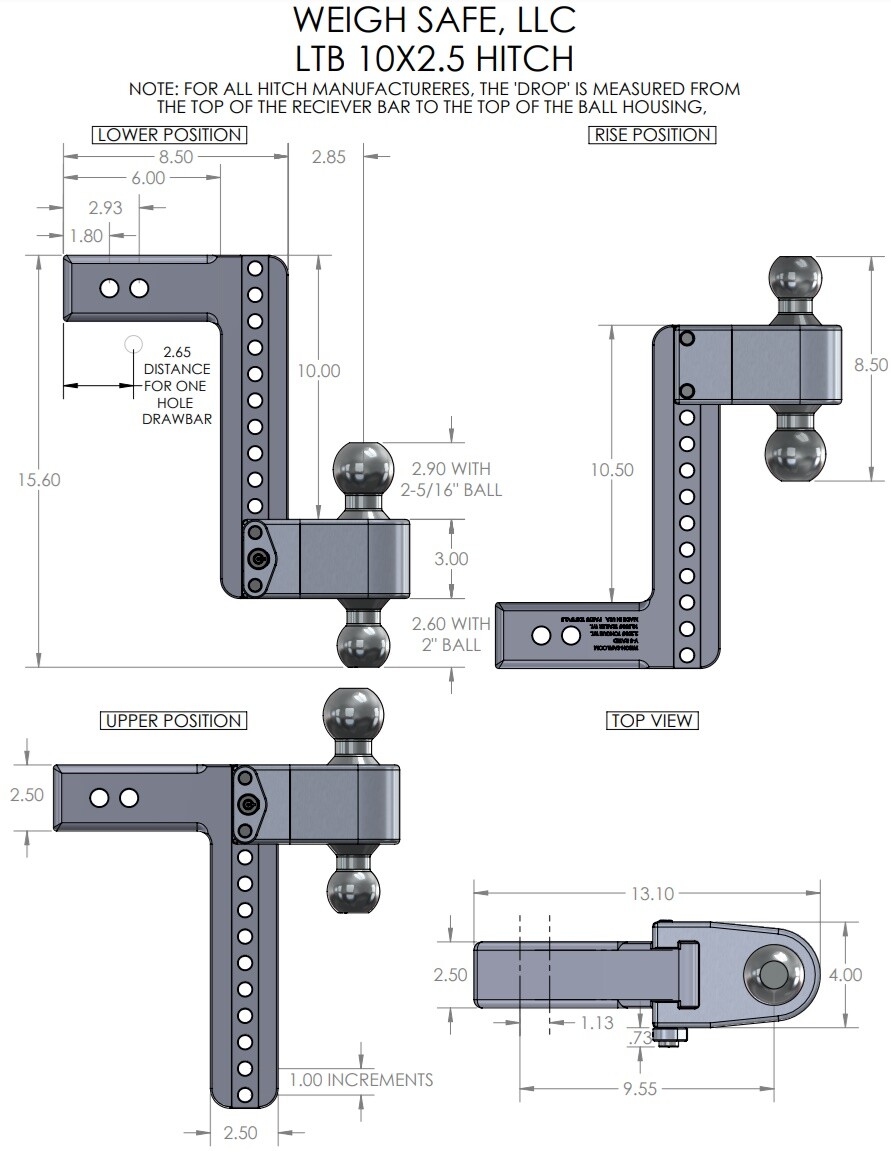 Weigh Safe LTB10-2.5 180° Adjustable 10" Drop Hitch Ball 2.5" Shaft & Key Lock