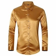 Men's Shirt Faux Silk Satin Glossy Tops Long Sleeve Button Front Slim Fit Shirts