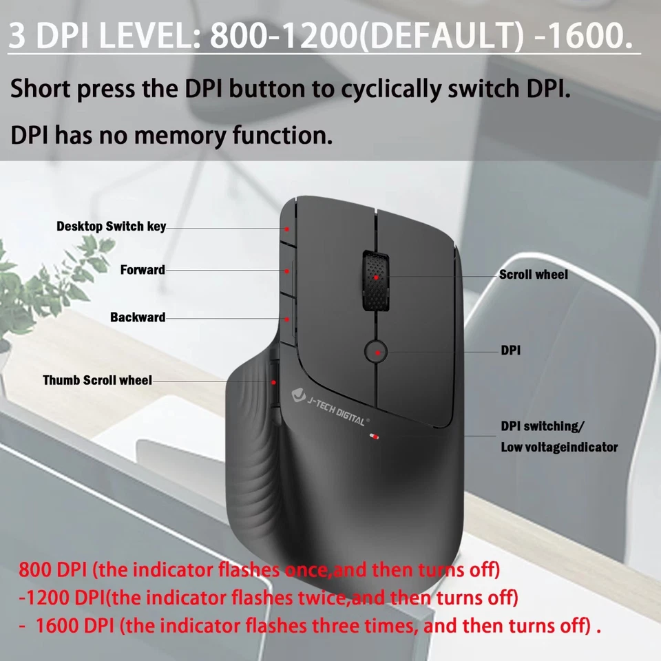 J-Tech Digital Wireless Ergonomic Mouse w/ Side Thumb Scroll Wheel Adjustable - Image 4 of 4
