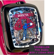 Diablo TOURBILLON Skeleton | W39mm Black Rectangle| Dark Pink Band Invicta Watch