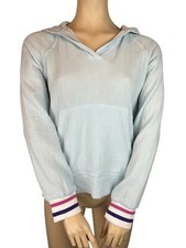 SUNDRY Blue Cotton Long Sleeve Top Split Back Popover Hoodie Size S NWT