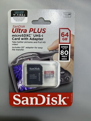 SanDisk- Ultra PLUS MicroSDXC, UHS-1 Card with Adapter, 64GB, Speed up to 80MB/s