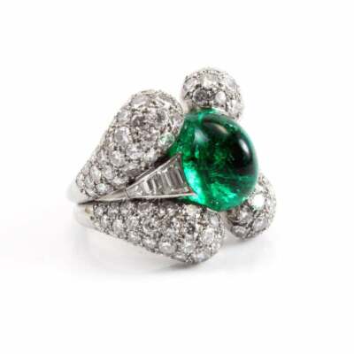 Vintage Style Important Old Mine Colombian Emerald & Pave Shiny CZ Retro Ring