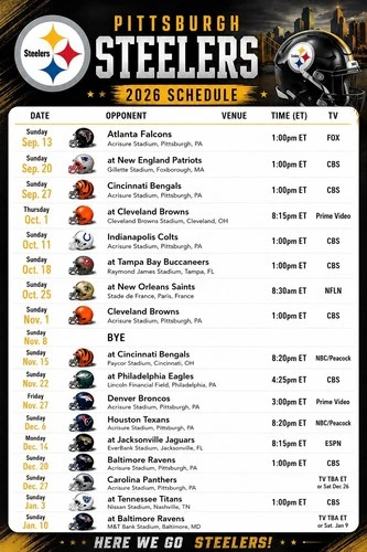Pittsburgh Steelers 2026 NFL Football Schedule Refrigerator Magnet 4 by 6 inch