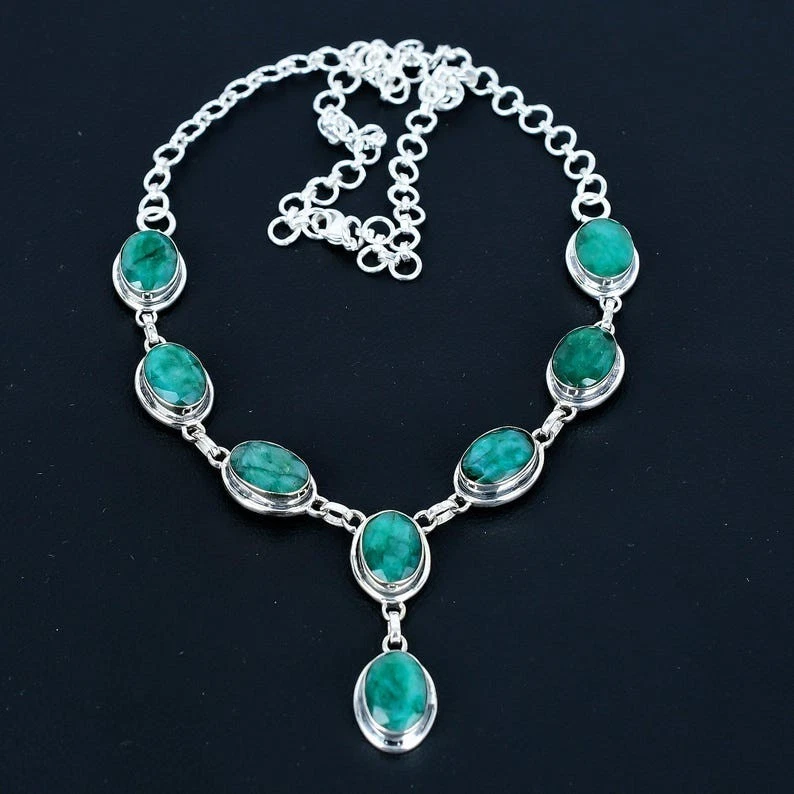 Collar Esmeralda Collar Plata de Ley 925 Hecho a Mano Collar de Piedras Preciosas Foto 2 de 3