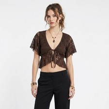 Vintage Fairy Top S Brown Sheer Lace Tie Front  Coquette Boho Meghan Noland