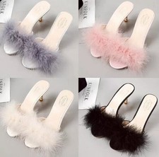 Women*High Heel Slippers Fluffy Fur Peep Toe Party Shoes Sandals Mules Slingback