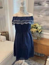 Calypso St. Barth For Target Dress Size L Navy Blue & White Off Shoulder Eyelet