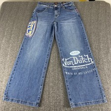 Von Dutch Originals Wide Leg Jeans Womens 29 Y2K Logo Graphic Vintage Dust Wash