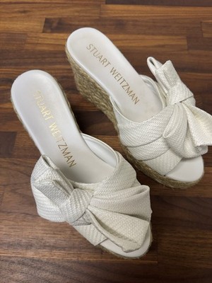 Stuart Weitzman Shoes White  Fabric And Tan Bow Roped Wedges