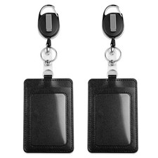 2-Pack PU Leather Vertical ID Badge Holders with Heavy Duty Retractable Black