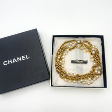 Auth Chanel Vintage Pearl chain GD long Necklace W/Box BA120509