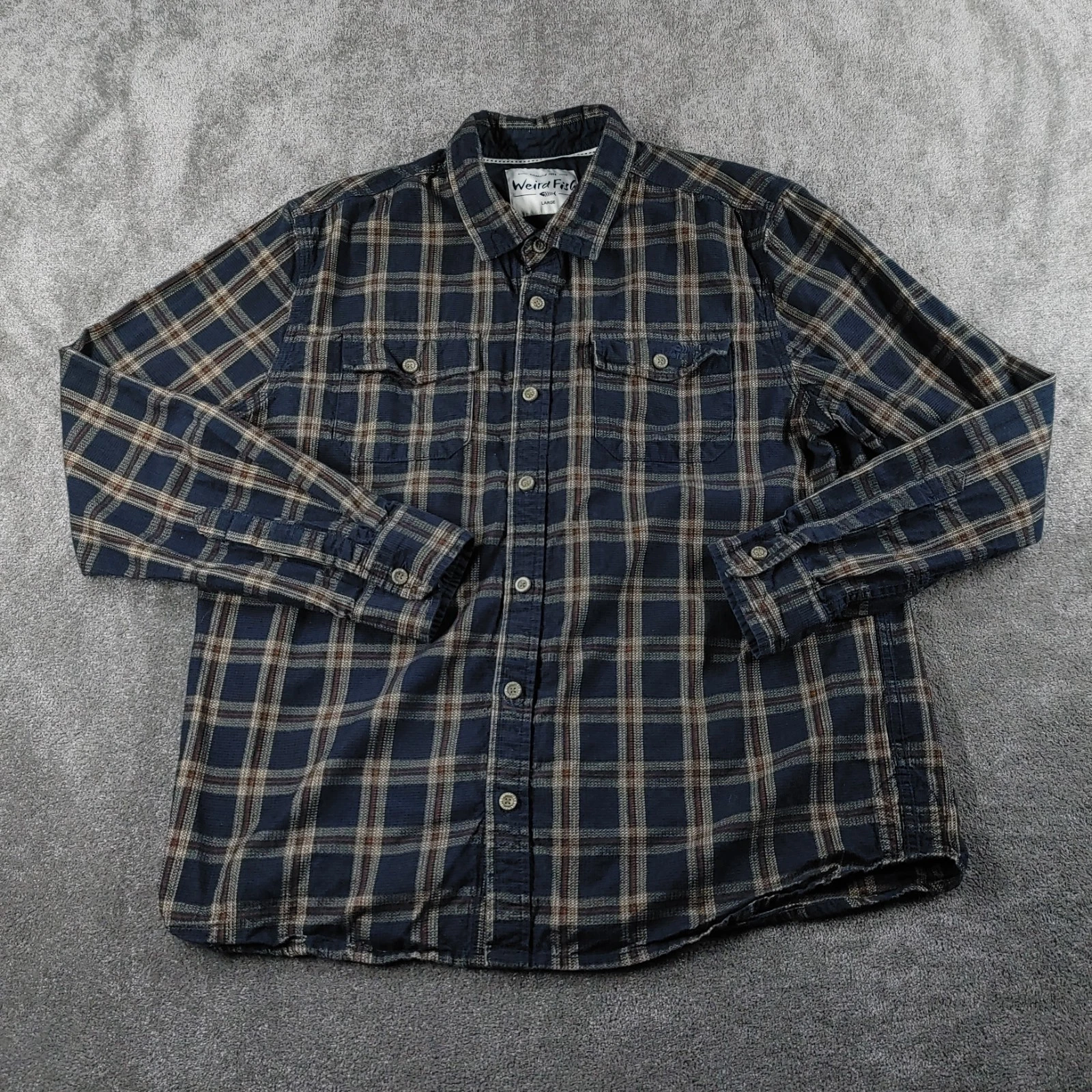 Weird Fish Shirt Mens Large Blue Beige Plaid Outdoor Nautical Top